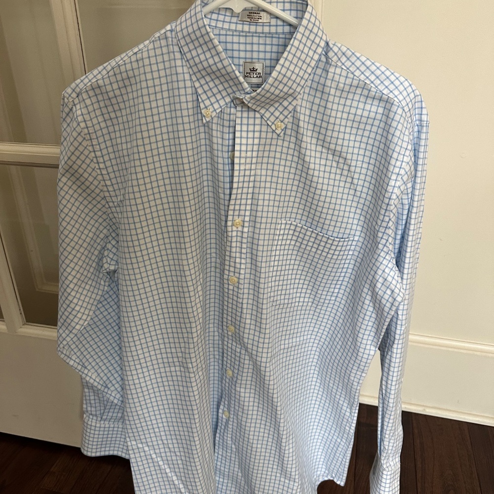 Peter Millar M Blue and White 100% Cotton Plaid Button Down Shirt